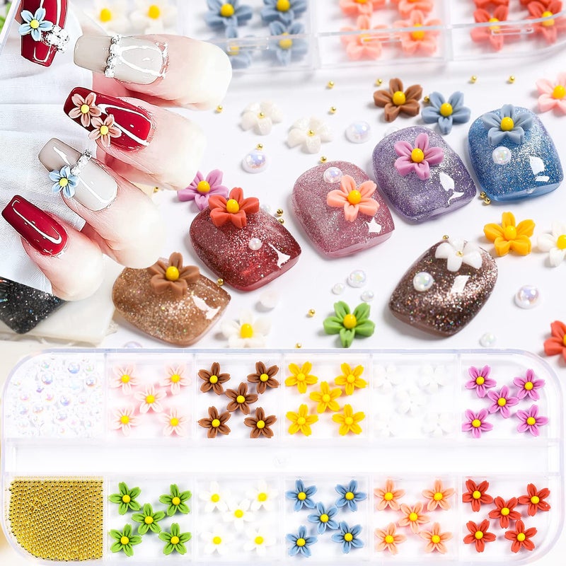 3D Flower Nail Charms 12 Colors Flower Nail Rhinestones Kit Colourful Flower Nail Charms with Metallic Caviar Beads Acrylic Nails Manicures Nail Art Accessories for Women Girls